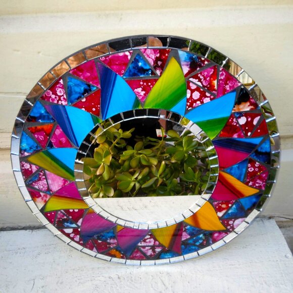 Inlaid Multi Colored Stained Glass Mosaic Handmade Round Wall Mirror - Picture 8 of 11